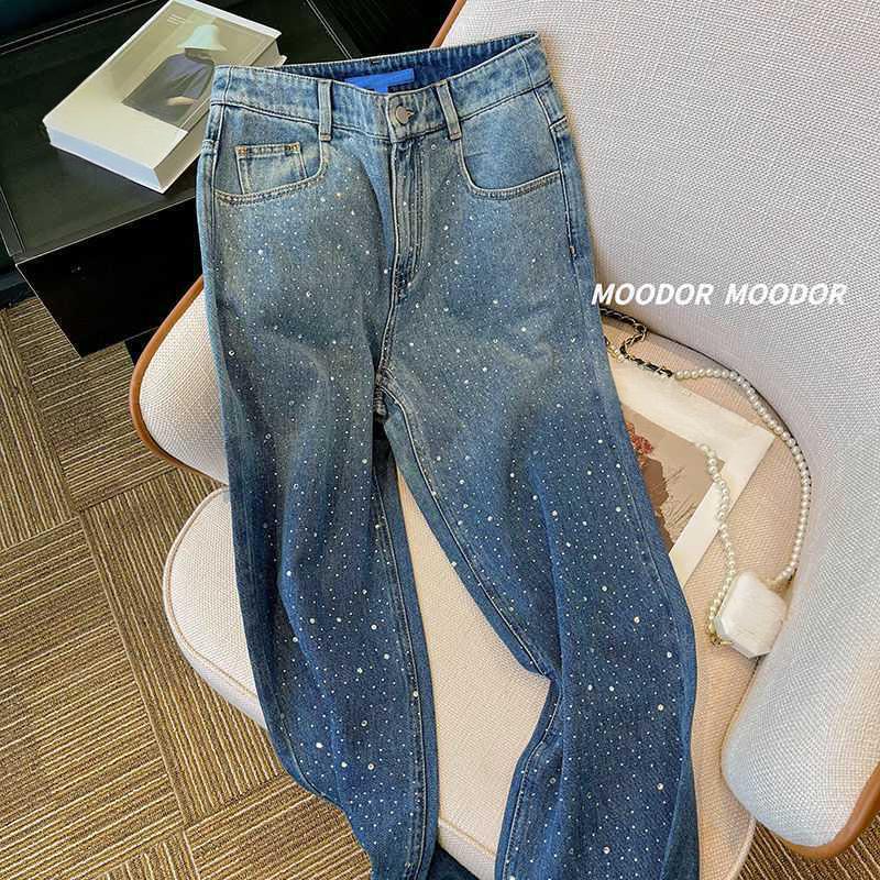 Women’s Clothing Wide Leg Straight Pants Shiny Luminous Diamond Jeans