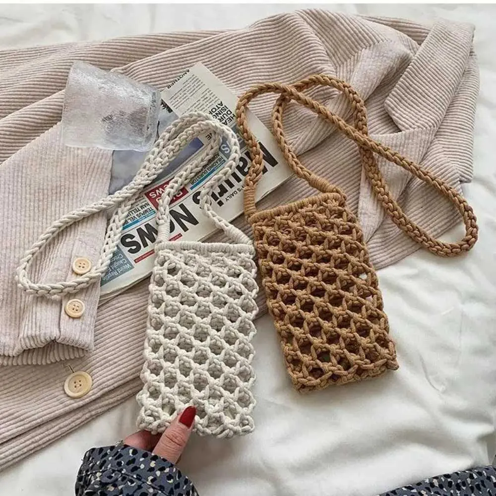Women Fashion Small Crossbody Phone Bag Solid Color Hollow-out Woven Crochet Lightweight Braided Shoulder Handba241022_voghion.com