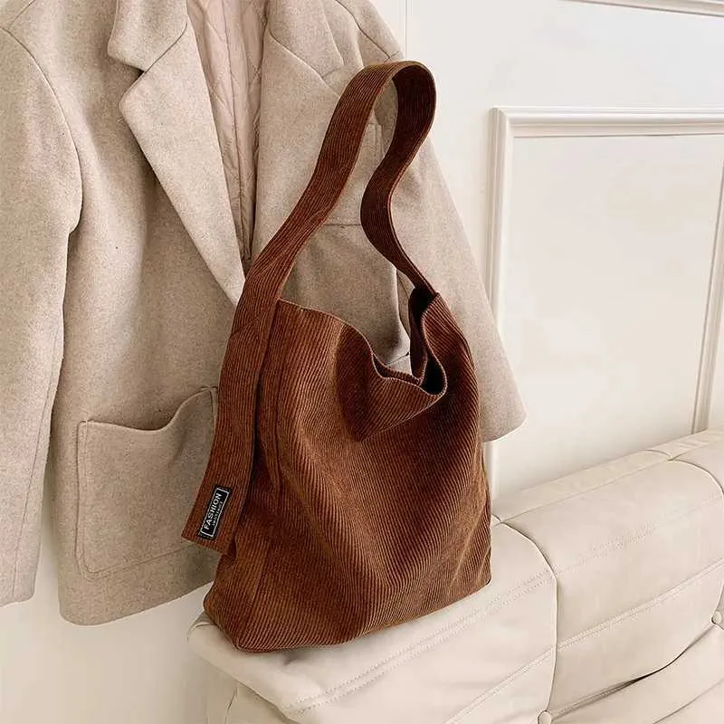 Damska torba na ramię z kordu, mała, bawełniana, płócienna, vintage, duża pojemność, StudentC241031_voghion.com