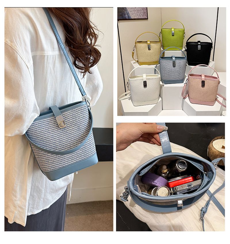 Erba di nicchia super popolare per le donne 2024 nuova borsa a secchiello per l'acqua a tracolla intrecciata versatile con blocco di colore estivo, mobile_voghion.com