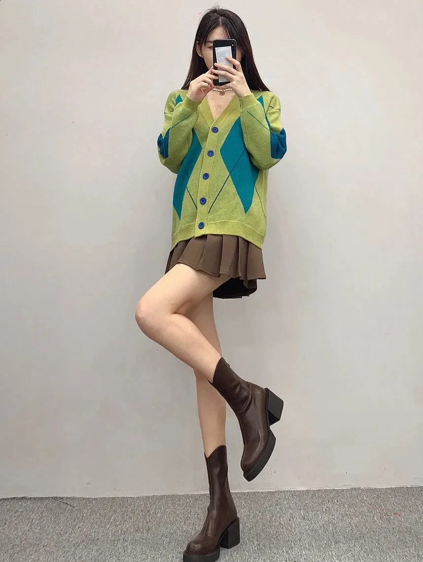 High ankle work very high heels brown short and chubby platform womens waterproof boots black Pu 240911_voghion.com