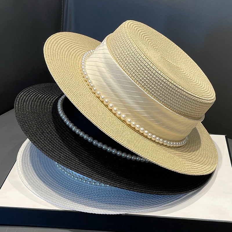 Chapeau de protection solaire et pare-soleil pour enfants, haut plat de style socialite français, tissé en herbe perlée, élégant, pour bord de mer, nouvelle collection 2024