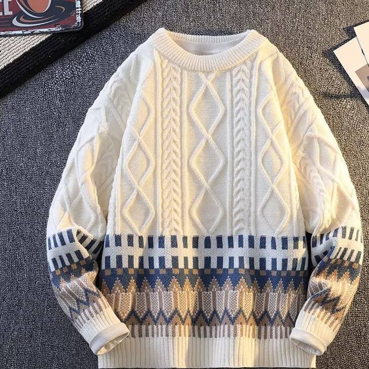 Pull en tricot Fair Isle – Confortable et festif (M-3XL, noir/blanc/bleu marine/orange/rouge, coupe oversize unisexe)_voghion.com