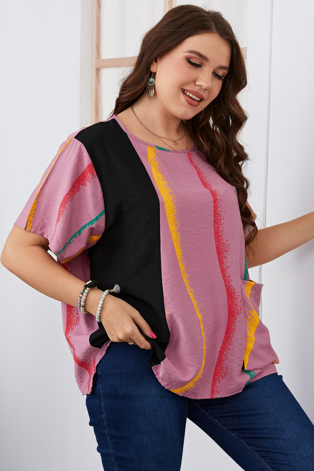 Women's striped contrast color large size women's shirt slim round neck women's clothing_voghion.com