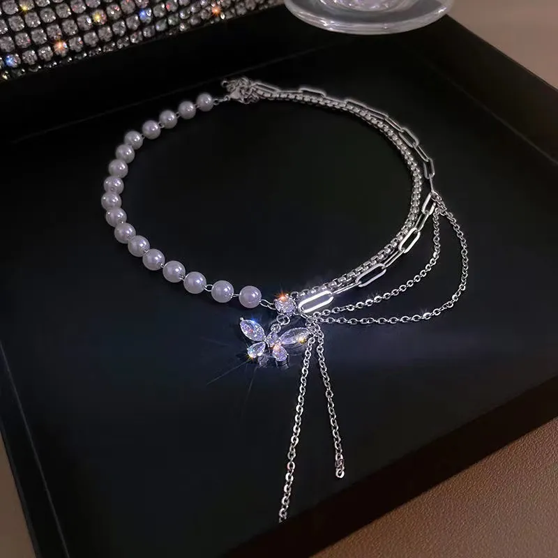 Collane con ciondolo WLP Strass Zircone Farfalla Nappa Perla Splicing Collana Donna Moda Coreana Catena Leggera Collare_voghion.com