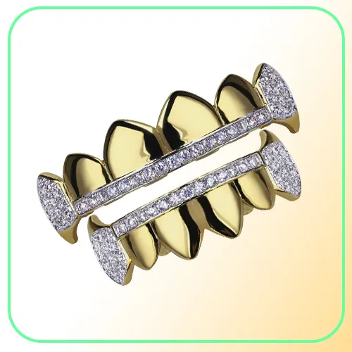 Real Gold Vampire Teeth Fang Grillz Punk Hiphop CZ Cubic Zircon Poker Letters Iced Out Diamond Grills Braces Tooth Cap_voghion.com