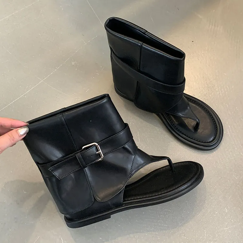 Weibliche Slip-On-Schuhe Wohnungen mit Frauen Ankle Flip Ps Mode Runde Kappe Damen Sandalen Stretch Stiefel Schuhe 2024_voghion.com