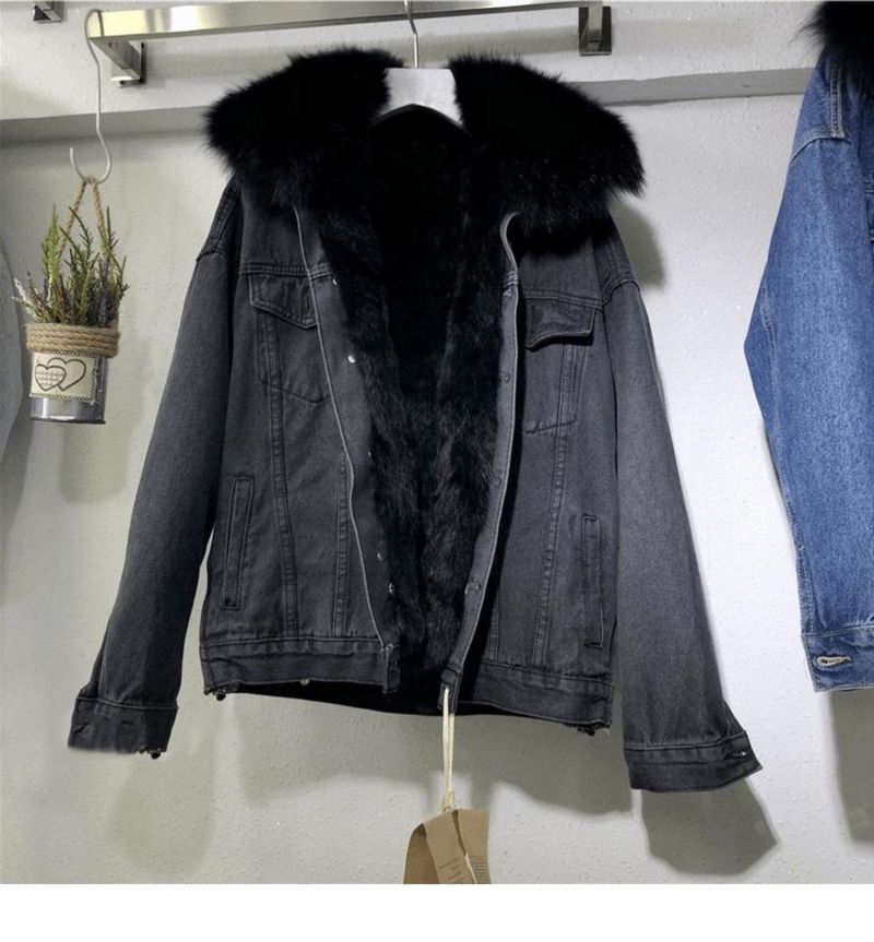 Abbigliamento da donna Plus Veet Cotton Loose Korean Style Denim Collo di pelliccia Giacca ispessita_voghion.com
