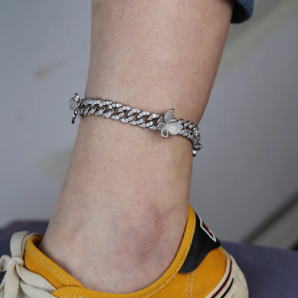 gül gümüş rengi cz küba bacak zinciri moda kadın bling buzlu bağlantı pembe kelebek bilezik takı_voghion.com