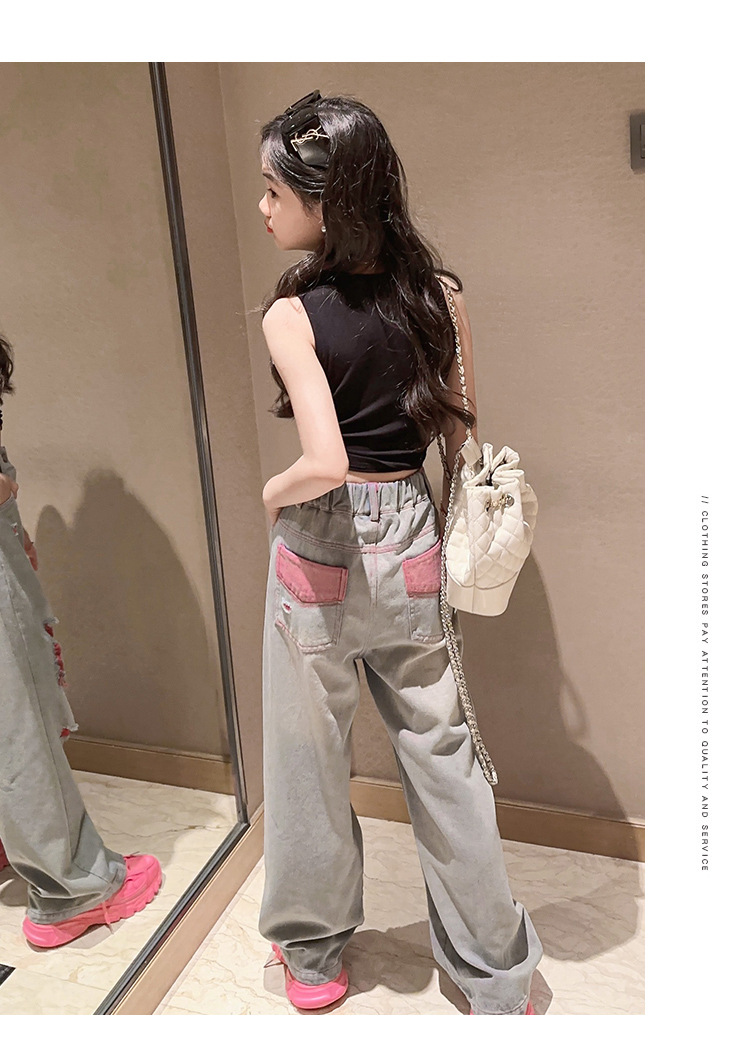 Mère et enfants filles jeans déchirés été mince enfants coréens pantalons longs droits à la mode pantalons larges lâches et à la mode tendance_voghion.com
