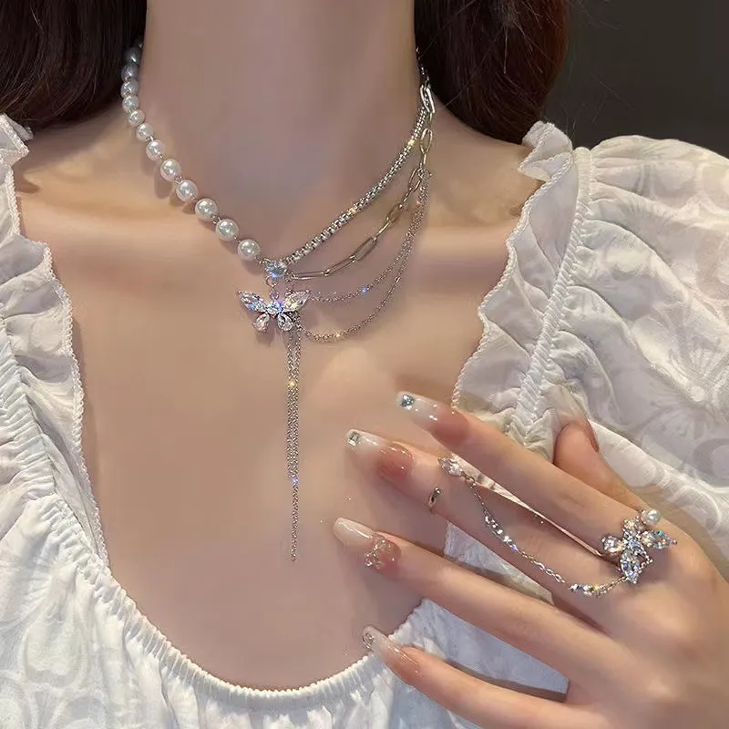 Collane con ciondolo WLP Strass Zircone Farfalla Nappa Perla Splicing Collana Donna Moda Coreana Catena Leggera Collare_voghion.com