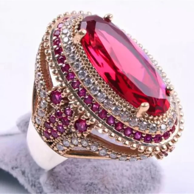 Wunderschöner ovaler eingelegter roter Zirkoniaring aus Metall, zweifarbig gefüllt mit CZ, Eheringe für Frauen, Verlobung, Modeschmuck_voghion.com