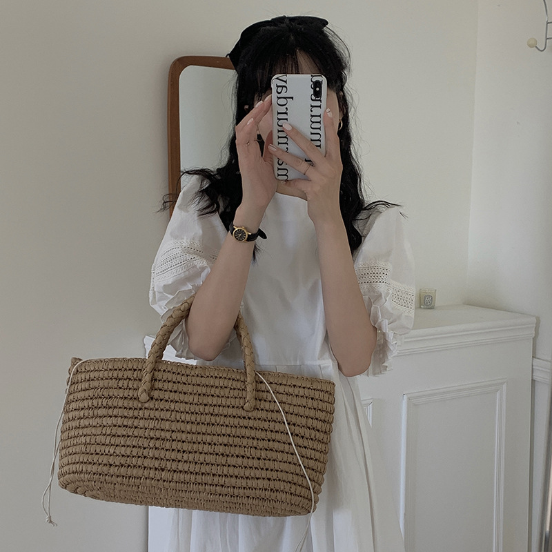 2021 Neue handgefertigte Strohgewebte Handkorb-Strandtasche für Damen mit großer Kapazität_voghion.com