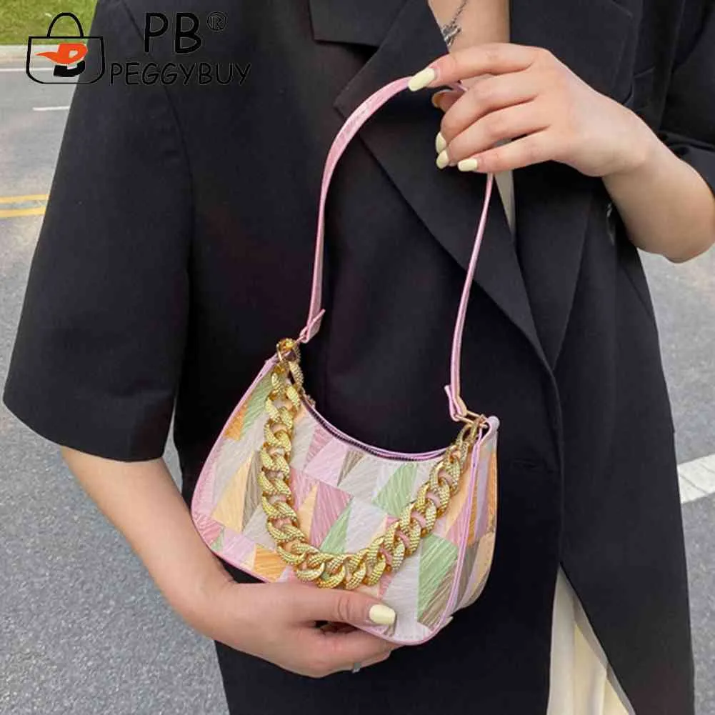 Borsa a tracolla da donna in pelle PU con tracolla spessa, stampa triangolare colorata, elegante e alla moda per i viaggi._voghion.com