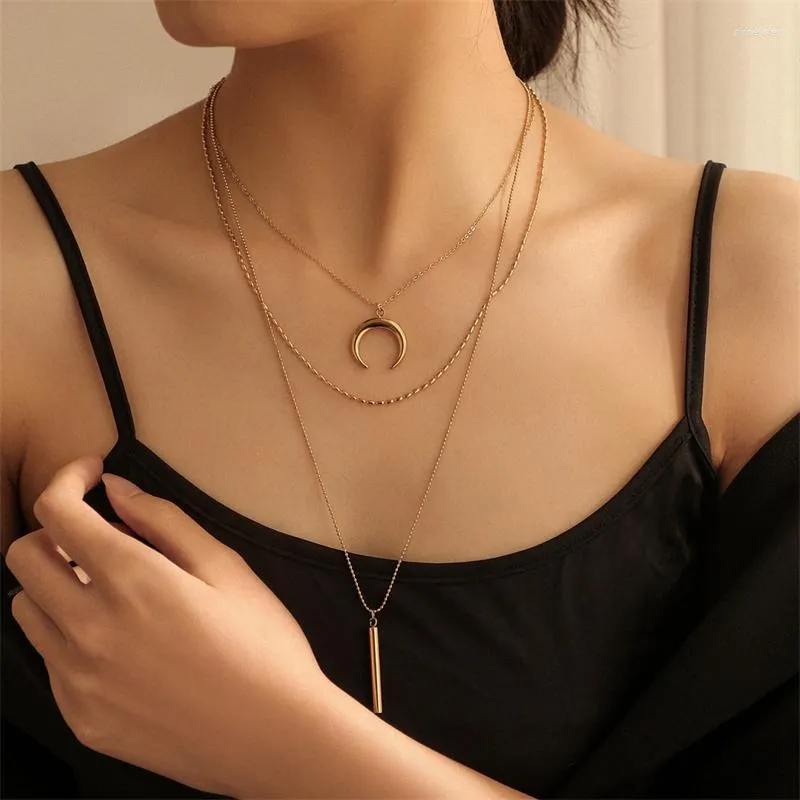 Collane con ciondolo WeSparking EMO in acciaio inossidabile a tre strati con parola lunare, collana lunga con clavicola per donna_voghion.com