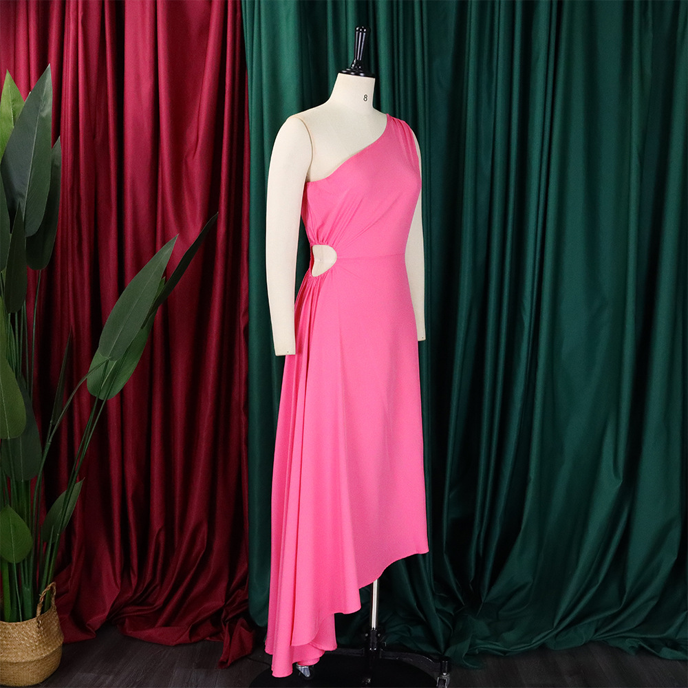 Women's Clothing new one shoulder hollow solid color irregular large size dress_mkmklike.com