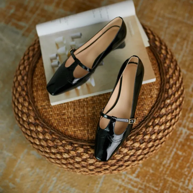 Shoes Spring/Autumn Patent Leather Solid Color T-shaped Buckle Pumps Square Toe Chunky Heel Versatile Mary Jane For_voghion.com
