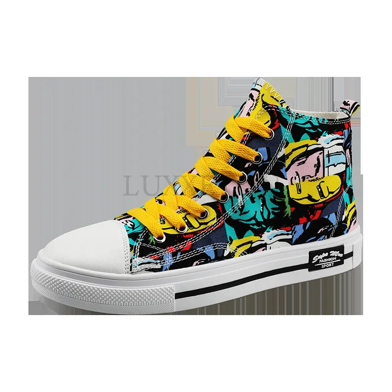 Flat Bottomed Round Toe Street Photo Graffiti Canvas For Couples Fashionable Breathable And Non Slip Casual Board Shoes_voghion.com