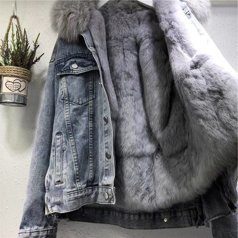 Abbigliamento da donna Plus Veet Cotton Loose Korean Style Denim Collo di pelliccia Giacca ispessita_voghion.com