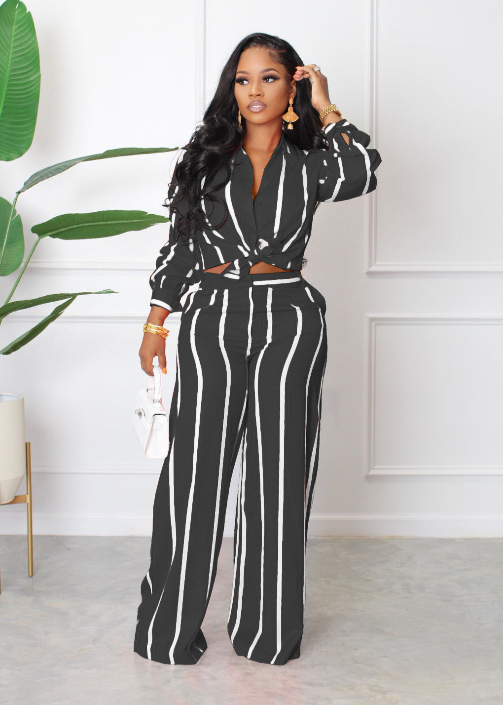 Camicia a maniche lunghe stampata a righe e pantaloni, completo due pezzi_voghion.com