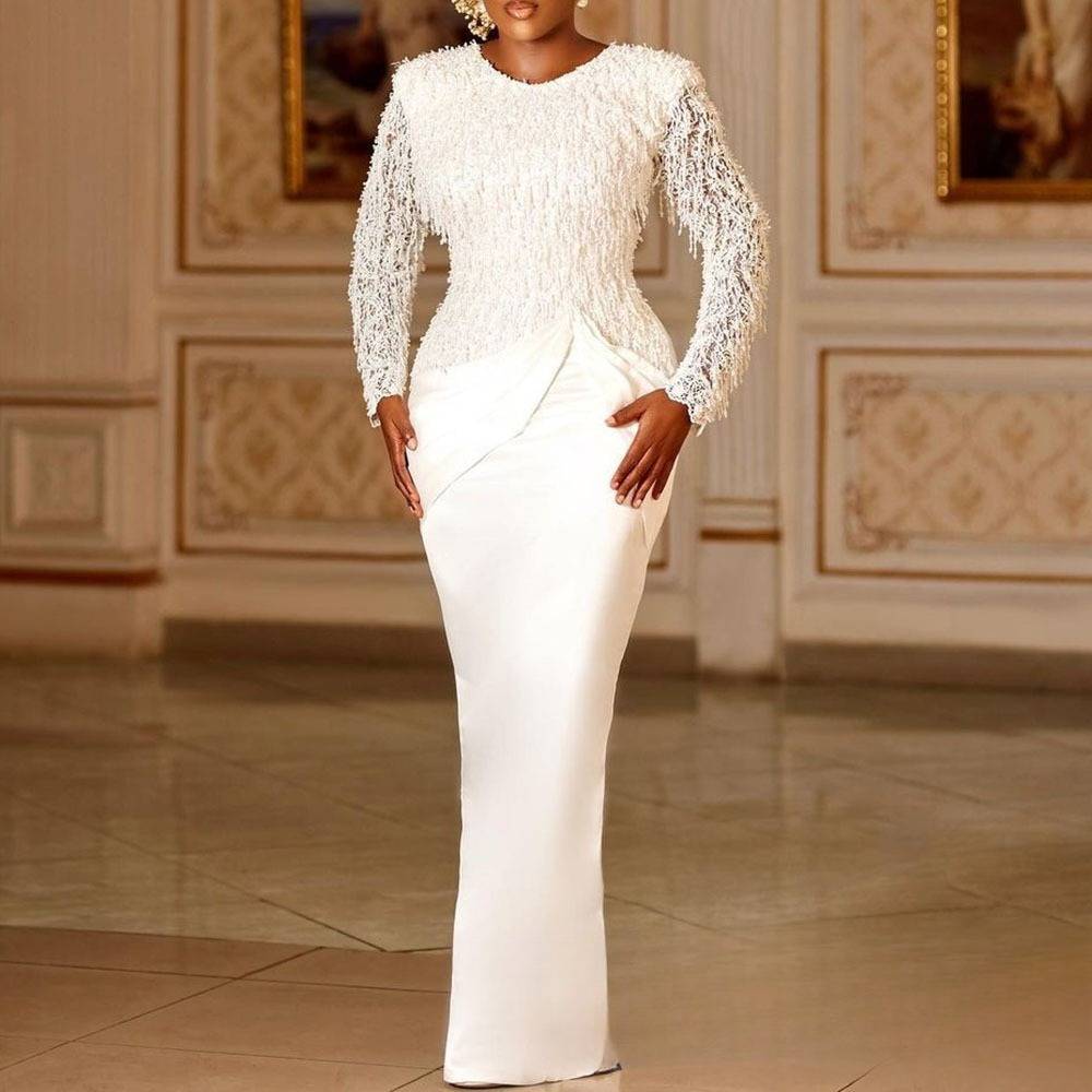 Women’s Clothing Temperament Commuter Lace Tassel Waist Long Sleeve Floor Length Dress For Women