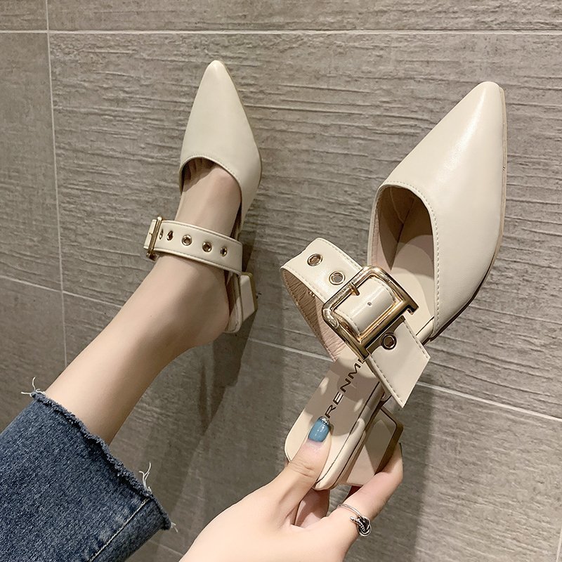 Half-Pack Women's Outdoor Pointed Toe Studded Chunky Heel Mules Closed-Toe Sandals Simple Fashion Single Shoes_voghion.com