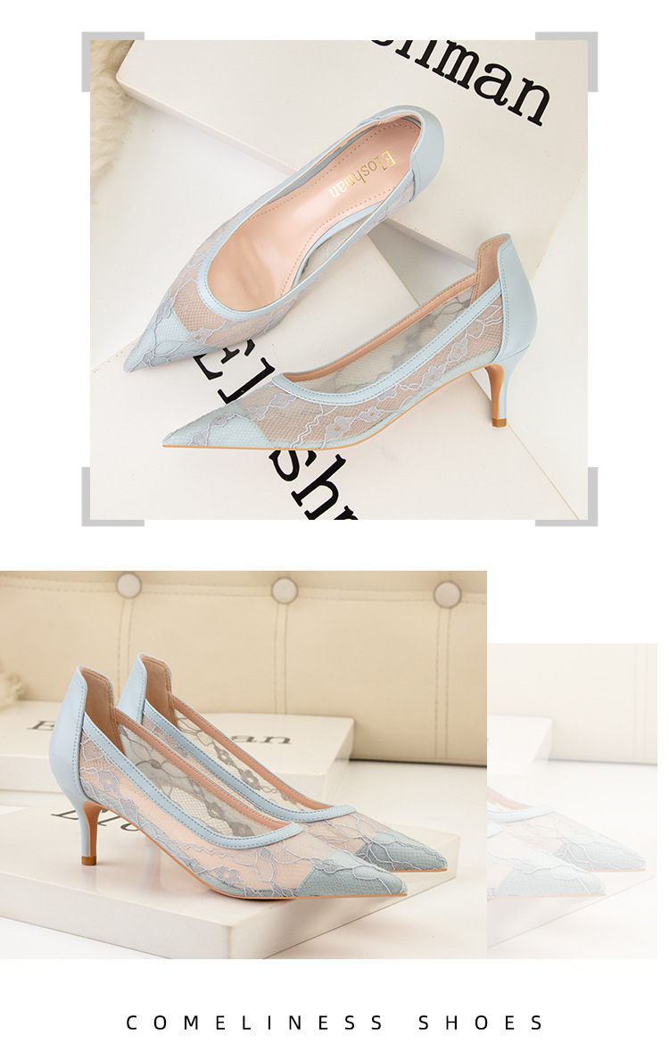 High heel thin heel shallow point flower embroidery lace mesh hollow sexy night club shoes_voghion.com