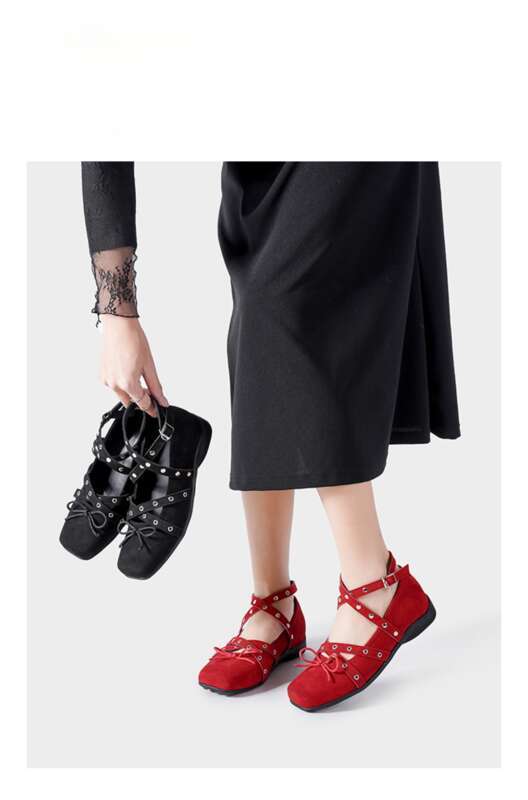 Chaussures simples à nœud rouge, chaussures françaises 2025, rivets de printemps, boucle de ceinture, ballerines_voghion.com