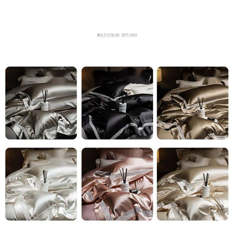 High End Water Gloss Silk Satin Ultra-fine Denier Lyocell Cotton Four Piece Hollow Out Light Luxury Duvet Set Bedding_voghion.com