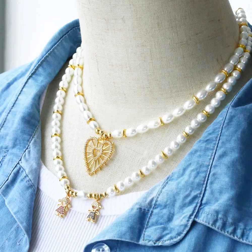 Anhänger Halsketten Flola Statement Weiße Perlenkette für Frauen Kupfer Zirkon Junge Mädchen Herz Vergoldeter Schmuck_voghion.com
