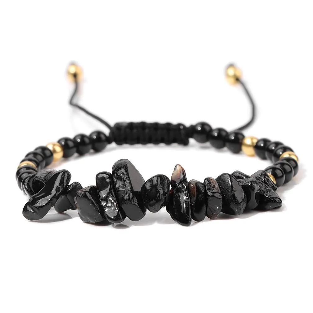 Catene Braccialetto di perline di tormalina nera naturale Braccialetto di perline di quarzo curativo Braccialetti di perline di pietra preziosa regolabili per donne e uomini_voghion.com