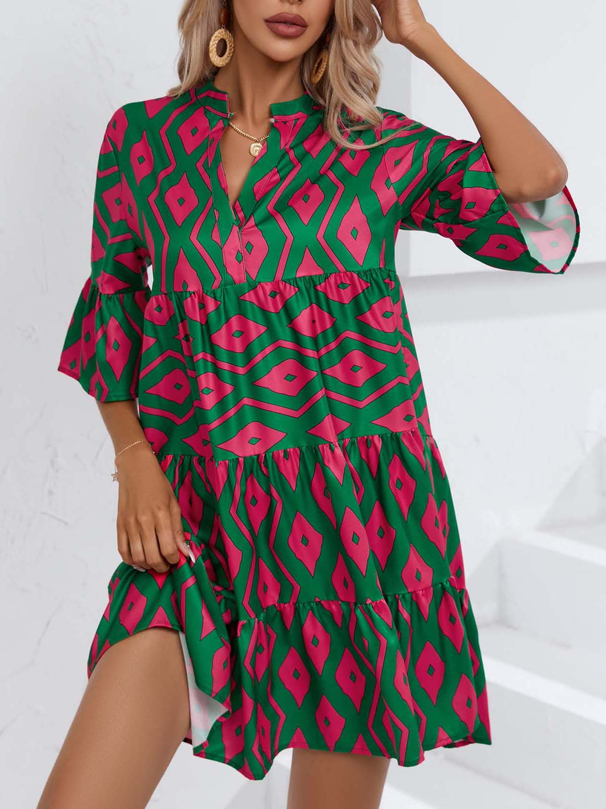 Abito da donna con gonna corta casual con scollo a V allentato estivo 2023_voghion.com