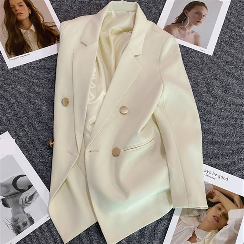 Dames blazer casual colbert in melkwit met groene gesp_voghion.com