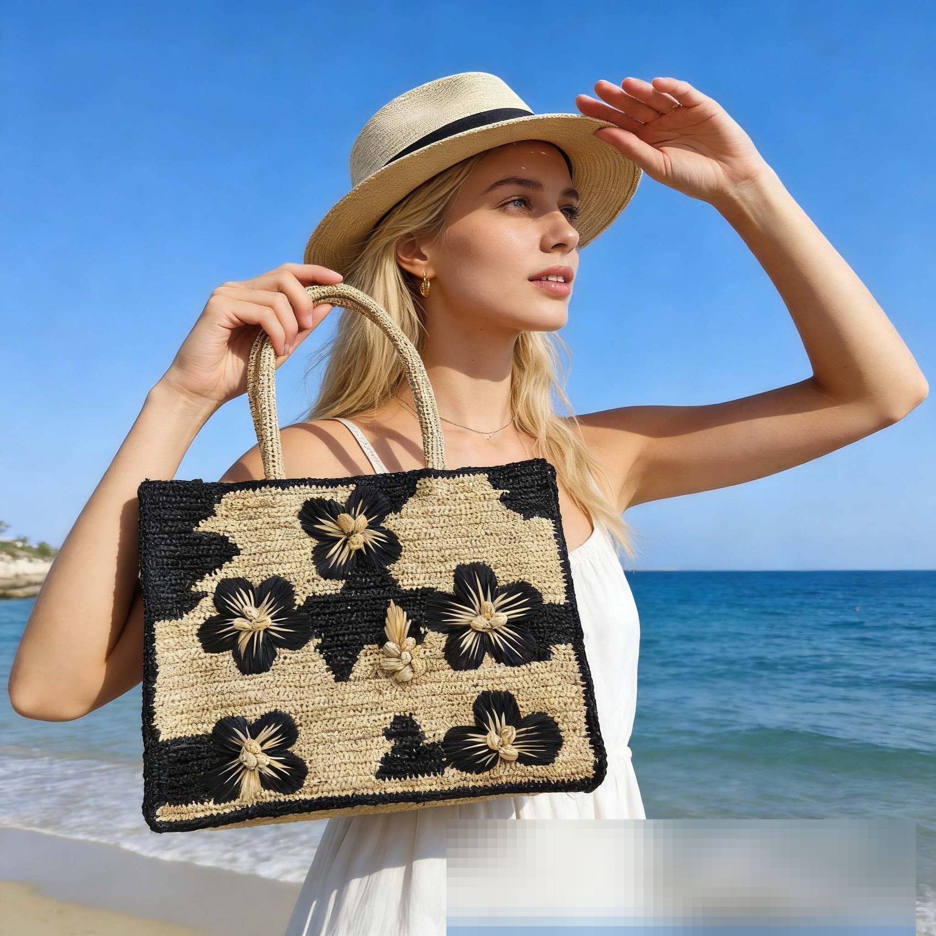 Handgefertigte Raffia Strohtasche Gewebt Elegante Damen Handtasche_voghion.com