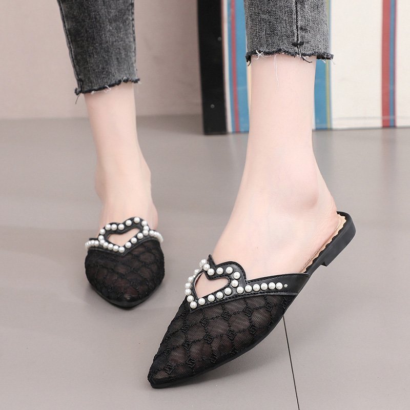 Pointed Toe Pearl Embellished Mesh Slippers For Women Low Heel_voghion.com