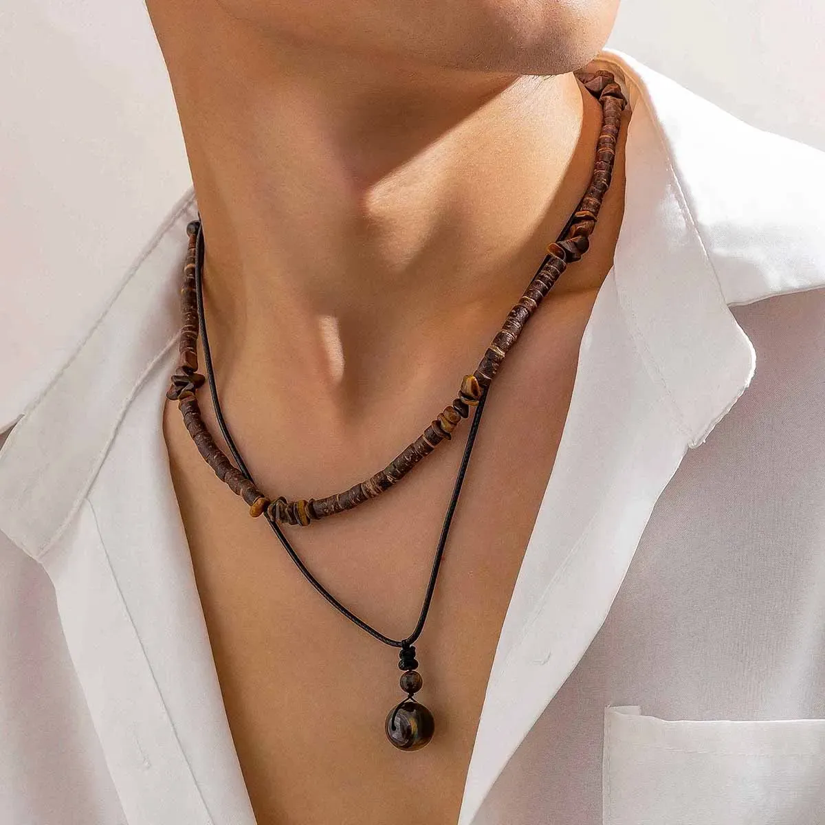 Chaînes Salircon Vintage Ethnique Géométrique Gravel Chaîne Clavicule Collier Boho Noix De Coco Bois Perle Hommes Cou Bijoux_voghion.com