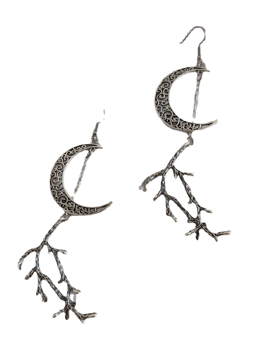 Gothic silver crescent and twig earrings_voghion.com