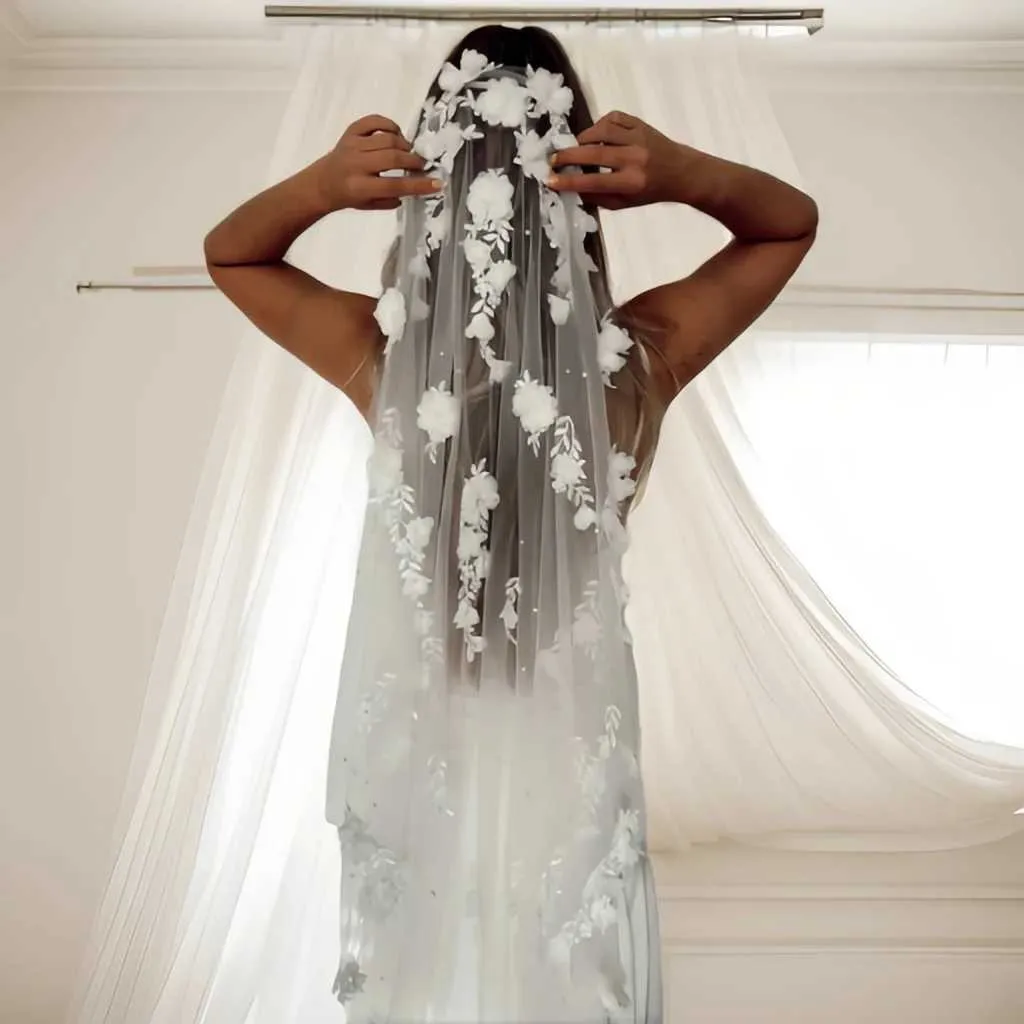 Hair Jewelry Elegance 3D Flowers Bridal Veil 1 Meters Short Veu Wedding Dresses Accessories With Organza Flower Voile_voghion.com