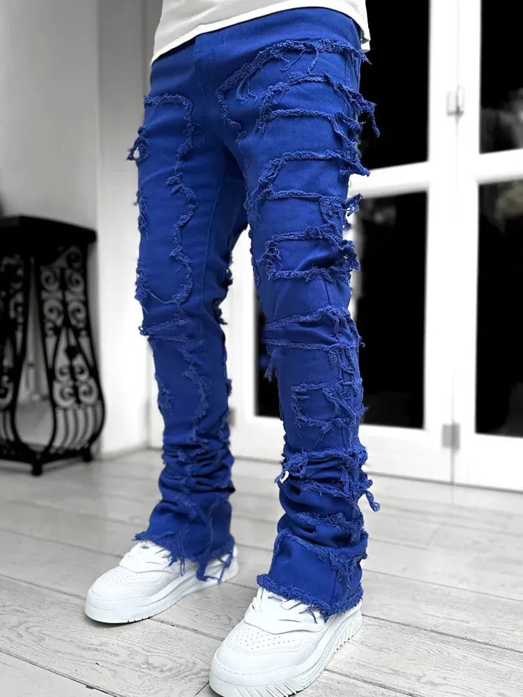 High Street Weiße Herren Stacked Jeans Stretched Patchwork Tassel Damaged Denim Volle Länge Hosen Hippop Hosen Für Männer_voghion.com