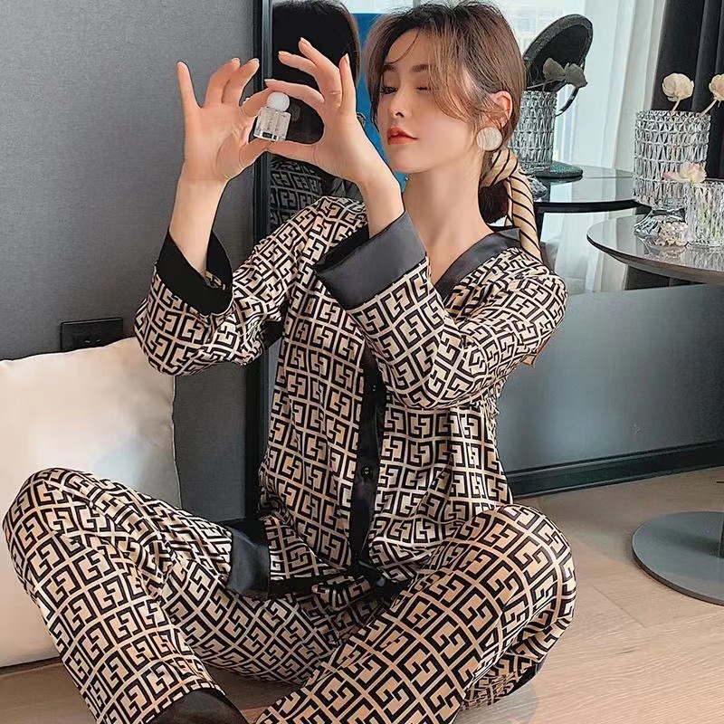 Underwear & Sleepwears Ice Silk Pajama Set Long Sleeve V-Neck Open Front Robe Soft Satin-Like Lounge Wear With Lapel Collar - Lightweight & Breathable