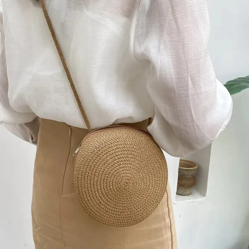 Sacs à bandoulière en paille tissée d'été pour femmes, sac à main rond en rotin fait à la main, petit sac de plage, de voyage, à bandoulière_voghion.com
