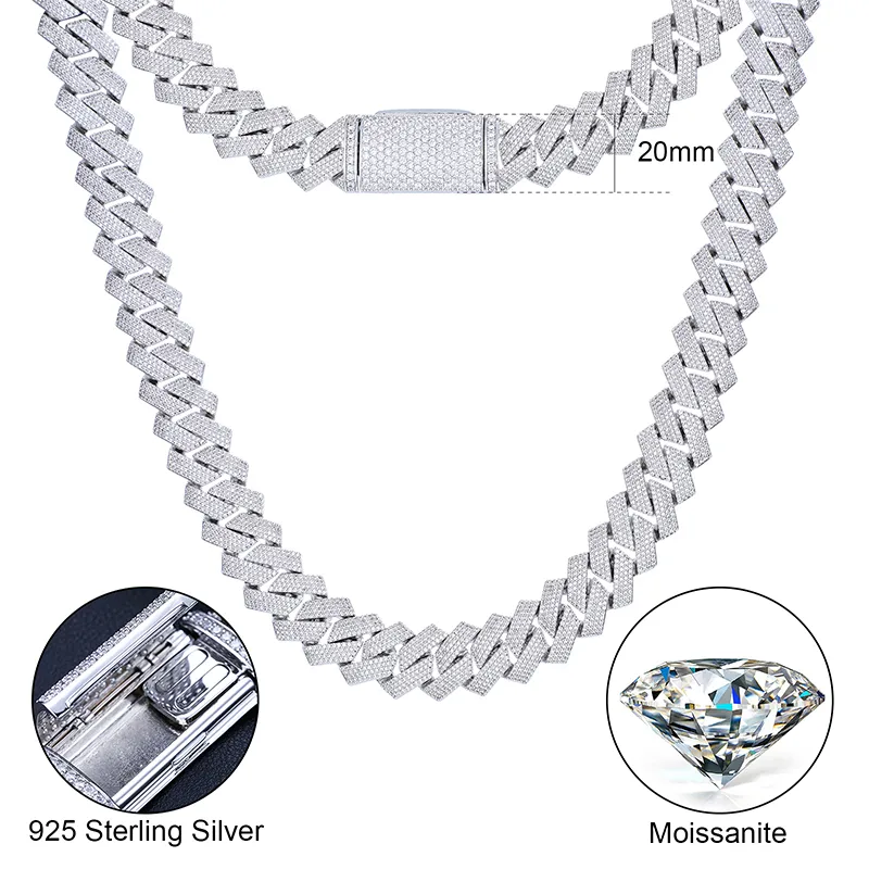 Dropshipping Pass Tester 20mm 4 Rows VVS Moissanite Diamond Sterling Sier Miami Cuban Link Chain Necklace_voghion.com
