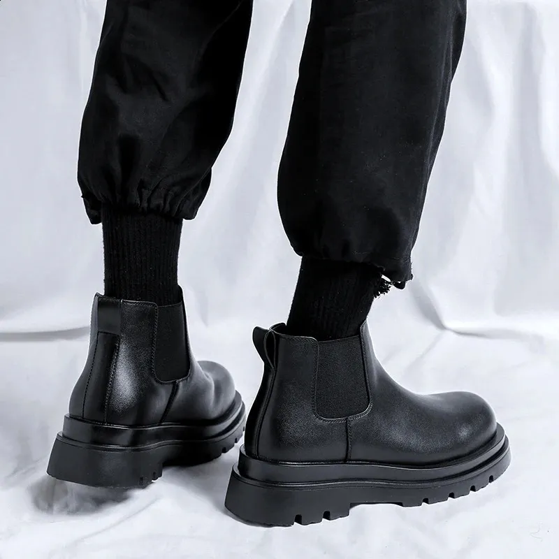 Men's Platform Chelsea Boots Leather High Top Elevator Shoes_voghion.com