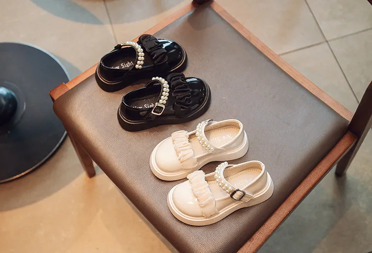 Girls Leather Kids Mary Jane Glossy Pearls and Bow Solid Color Kidsnest Baby Casual Princess for Children Party Wedding_desvips.com