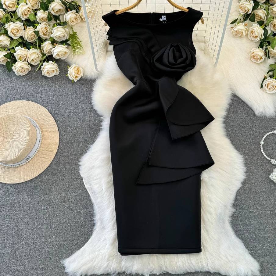 ​​"Women's Elegant 3D Floral Sheath Dress, High-Waisted Bodycon Midi Dress With Spandex Stretch, Off-Shoulder Sleeveless Cocktail Dress_voghion.com