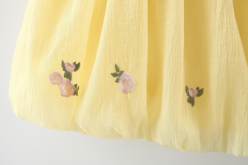 Babymeisje zomer chiffon jurk bloem geborduurd gele jurk Koreaanse stijl kinderkleding_voghion.com