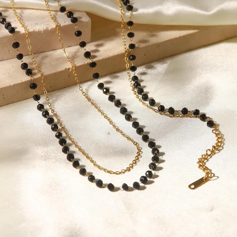 Lanțuri stil boho din oțel inoxidabil cu mărgele negre și piatră de sticlă dublă colier felie accesorii pentru femei_voghion.com
