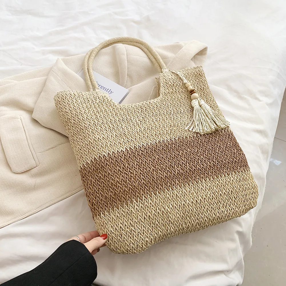Summer Beach Bags Contrast Color With Tassels Straw Woven Bag Large-Capacity Handmade Fashion Casual Simple For Seaside_voghion.com