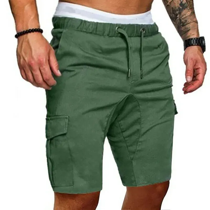 Hot Mens Summer Casual Shorts Solid Color Pocket Gym Sport Running Workout Cargo Jogger Trousers Black Navy Blue Khaki_voghion.com