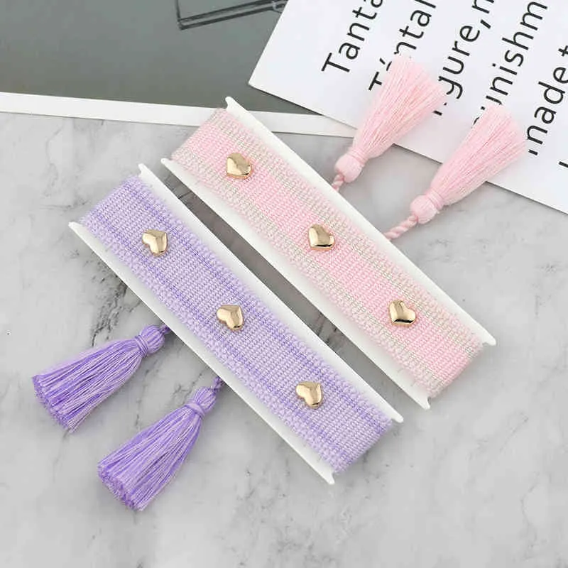 Pulsera tejida con borlas para mujer, estilo bohemio, con corazón dorado, regalo de joyería al por mayor, 2022_voghion.com